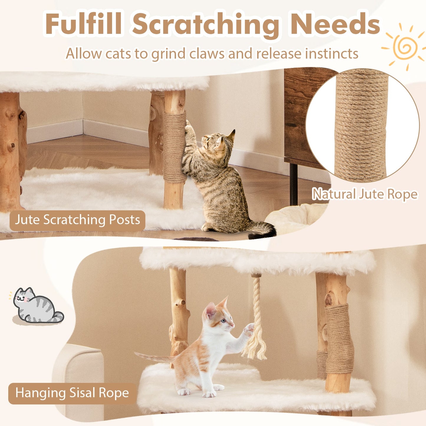 Árbol para Gatos de Madera Sólida de 60 Pulgadas con 2 Perchas - Blanco