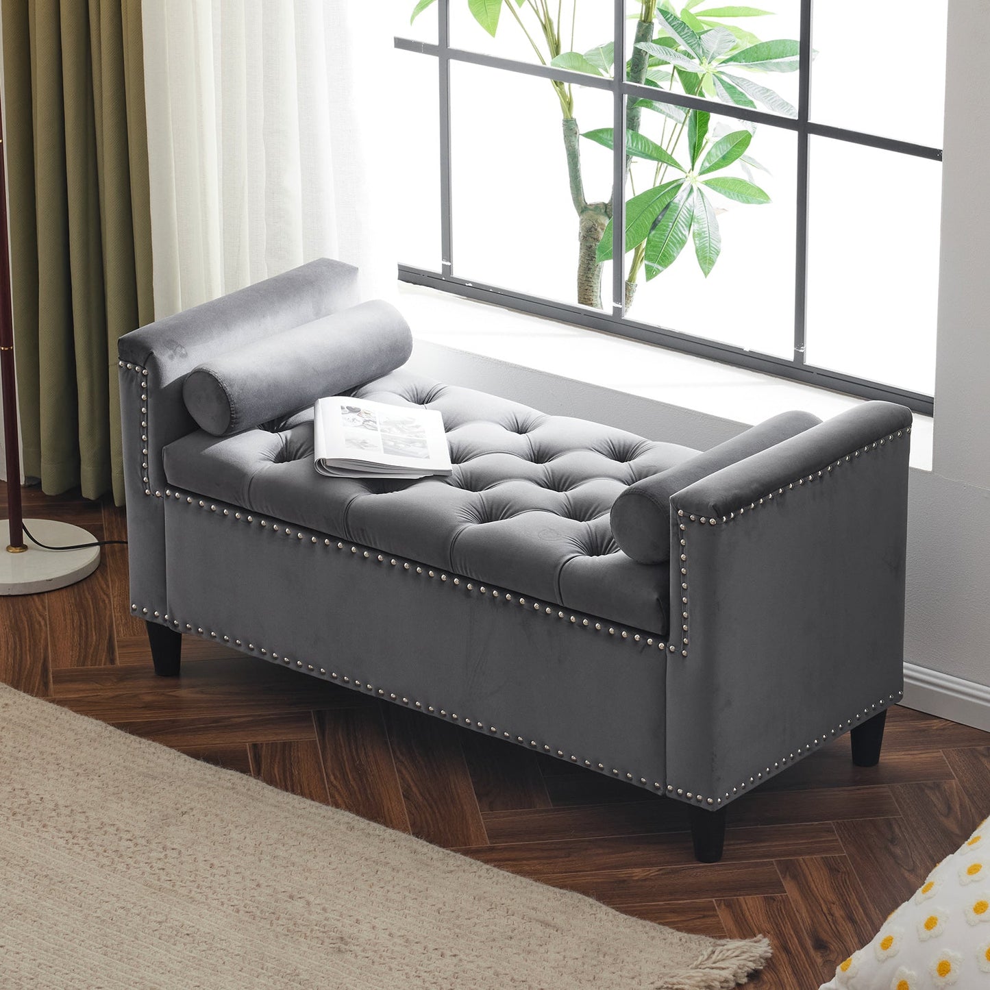 Storage Bench, 44.5-Inch Queen Velvet Button Bedside Bench, Entryway Living Room with Armrests, Nailhead Trim Gray - Korvel