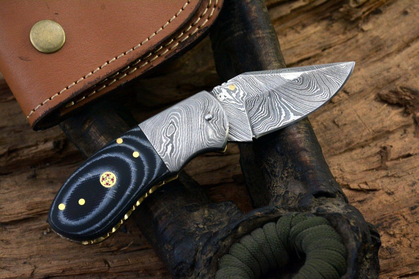 Artisan Crafted Damascus Steel EDC Compact Folding Knife with Micarta Handle & Leather Sheath by KBS Knives Store - Korvel