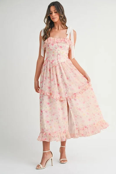 Elegant Floral Printed Midi Dress with Shoulder Straps