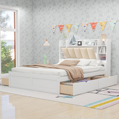 Wood Queen Size Platform Bed with Storage Headboard Shelves and 4 Drawers White - Korvel