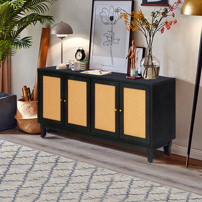 Handcrafted Premium Grain Panels Rattan Sideboard Buffer Cabinet Accent Storage Cabinet With 4 Rattan Doors BLACK - Korvel