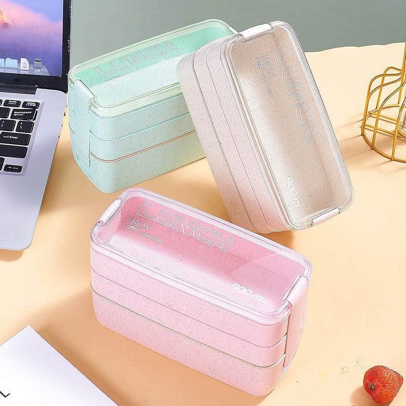 Wheat straw lunch box office portable three-layer lunch box square sealed bento box divided student lunch box - Korvel