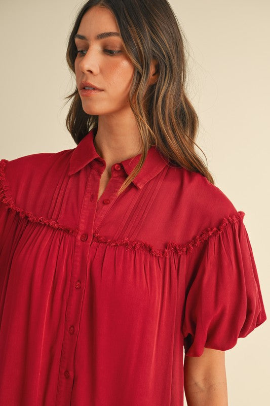 Robe chemise à manches bouffantes en lavage minéral