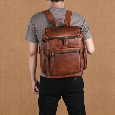 Sac à dos en cuir véritable rétro à double couche pour hommes