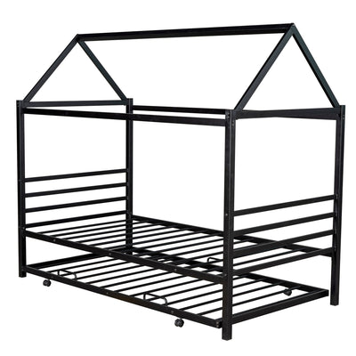 Twin Size Metal House Shape Platform Bed with Trundle - Black