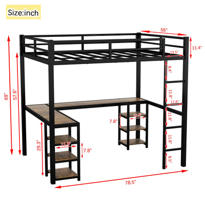 Full Metal Loft Bed with Desk and Shelves, Loft Bed with Ladder and Guardrails, Loft Bed Frame for Bedroom, Black - Korvel