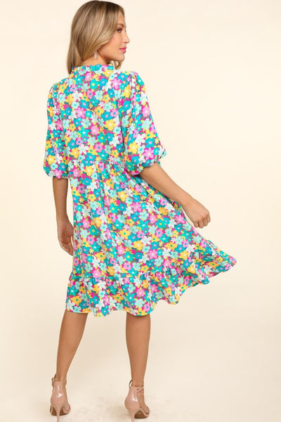 Charming Bubble Sleeve Floral Ruffled Dress for Women