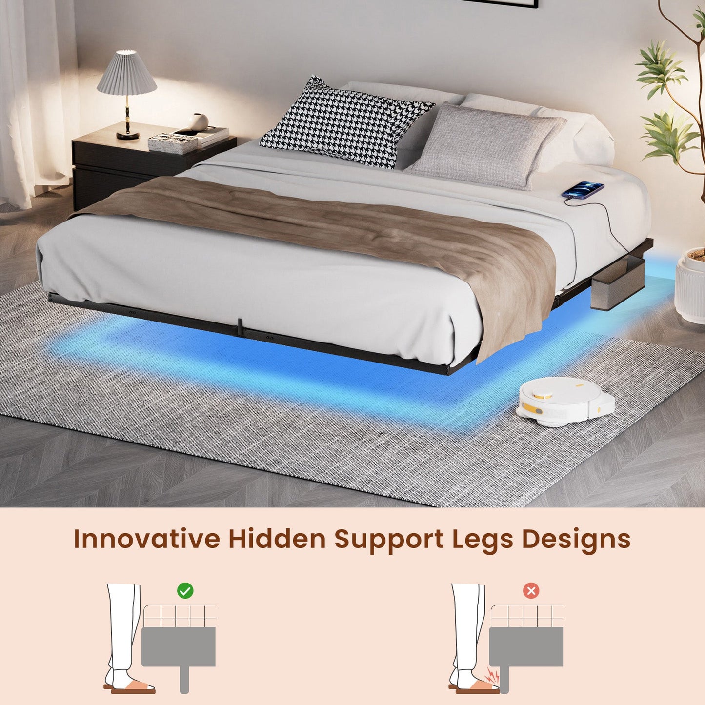 Floating Bed Frame King Size with LED Lights & charging station, Metal Platform Queen Bed, 79.9'' L x 76.2'' W x 7.9'' H. - Korvel