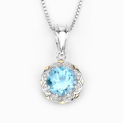 2.32 Carat Swiss Blue Topaz & Diamond Pendant in 14K Gold & Sterling Silver