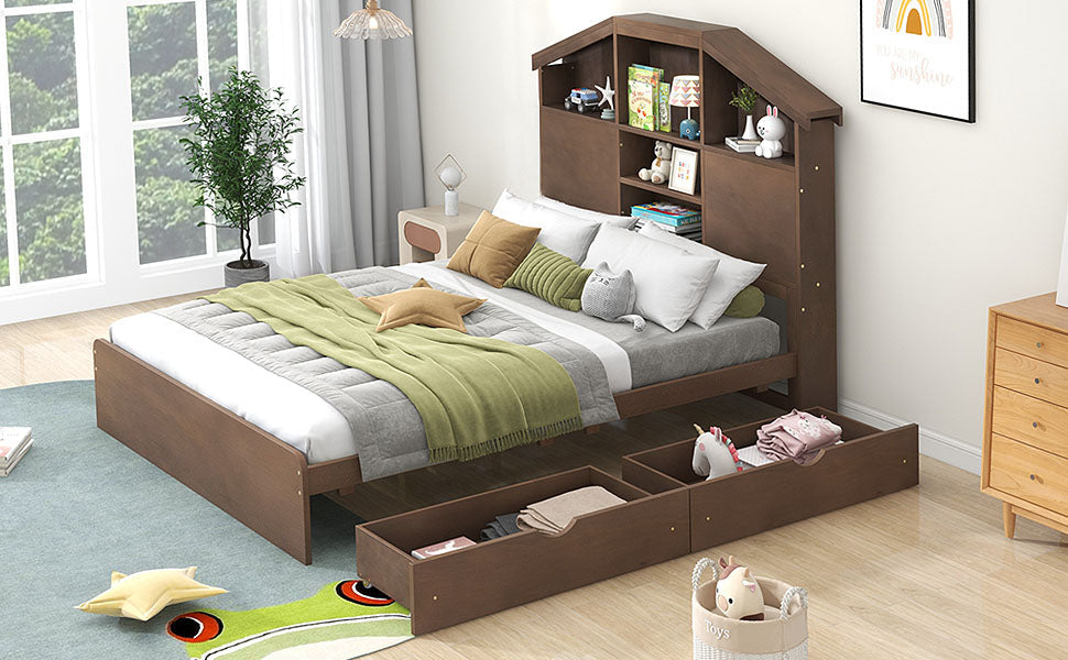 Cama Plataforma de Madera de Nogal de Tamaño Completo con Cabecera de Almacenamiento