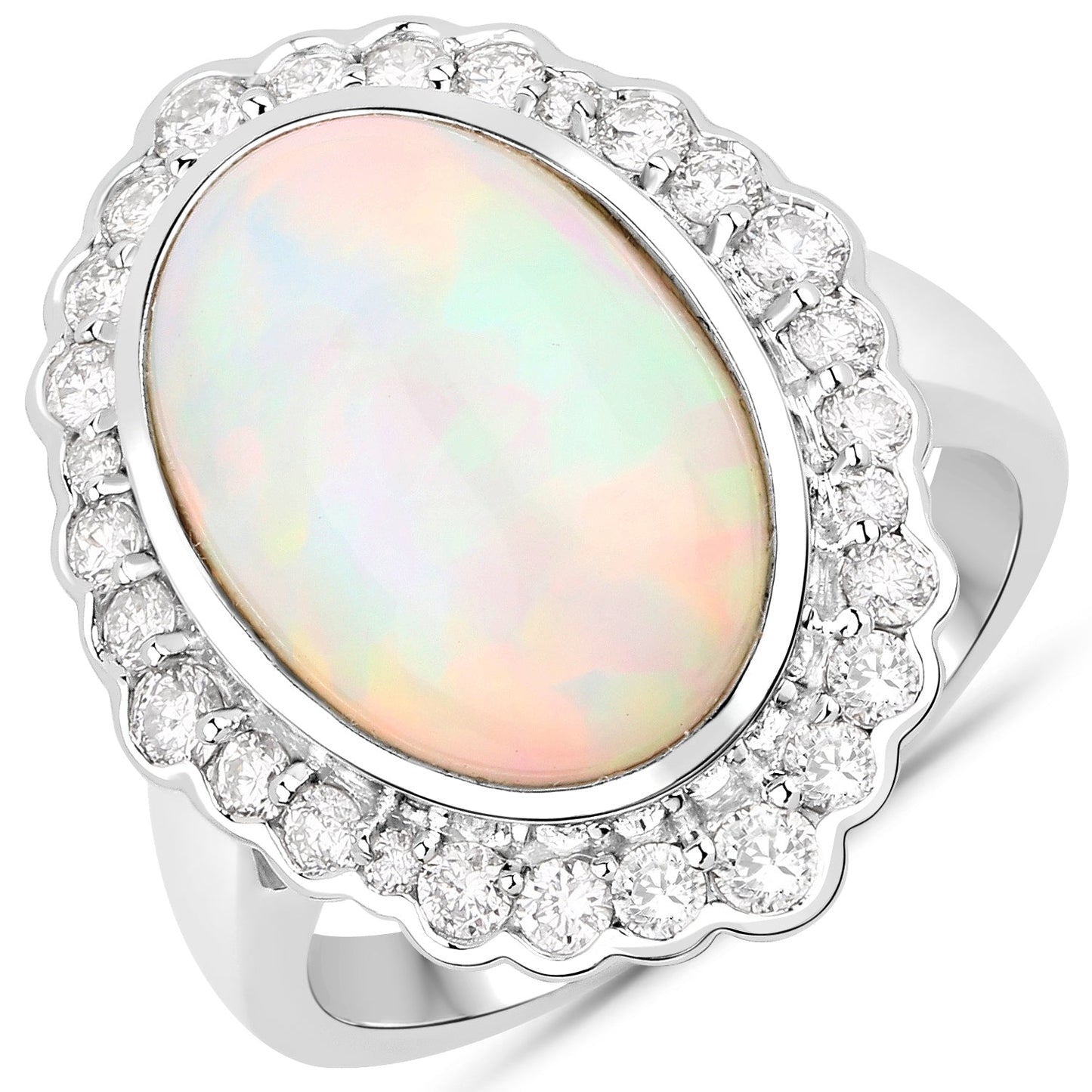 Bague de fiançailles en or blanc 14K avec opale éthiopienne de 6,38 carats et diamants