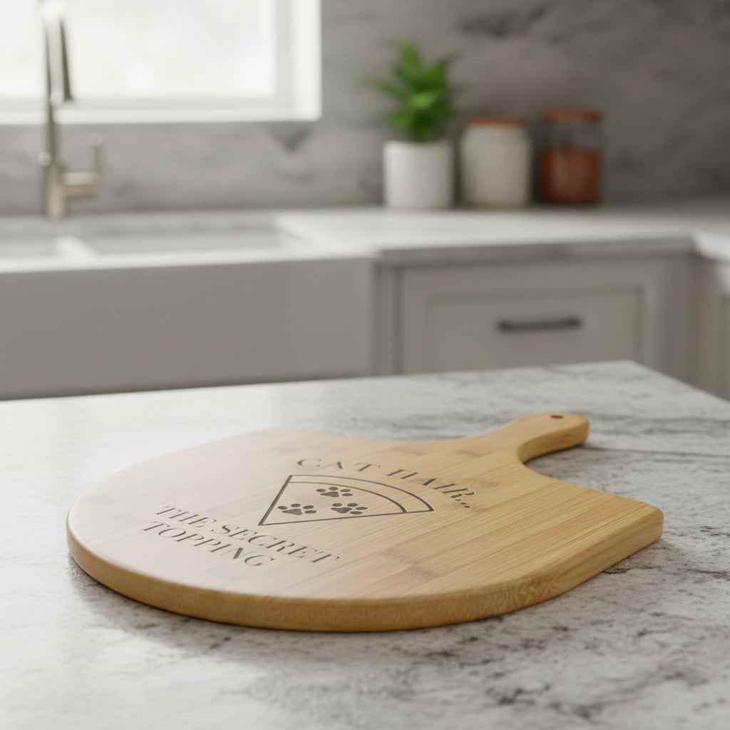 Engraved Bamboo Pizza Board - Cat Hair Secret Topping