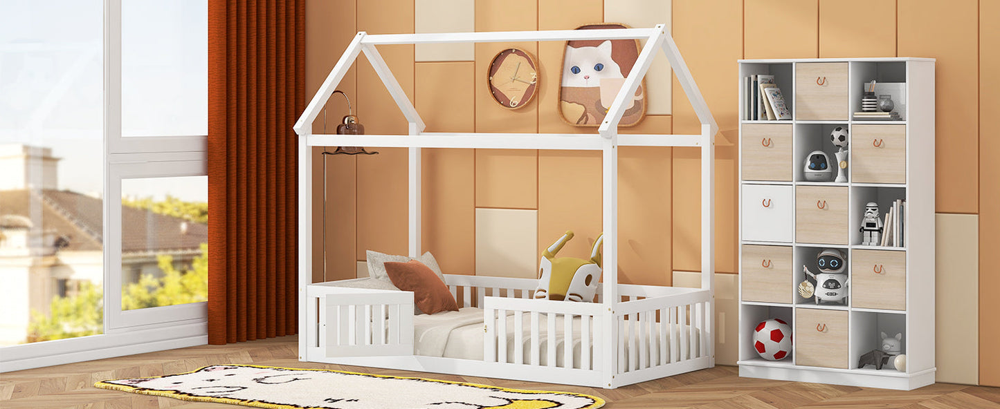 Twin Size Wood House Bed with Fence and Door, White - Korvel