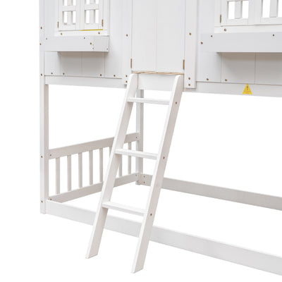 Twin over Twin House Bunk Bed with Roof , Window, Window Box, Door , with Safety Guardrails and Ladder,White - Korvel