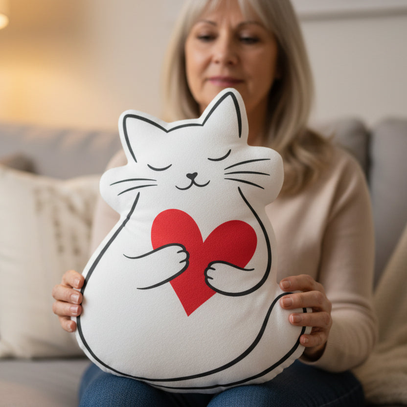 Cat Holding Heart Pillow - Soft Love with a Touch of Whimsy