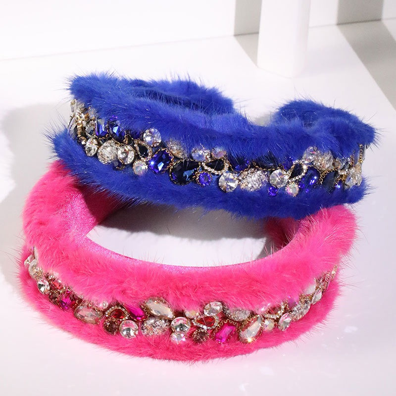 Elegant Rabbit Hair Rhinestone Hair Hoop for Women
