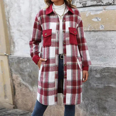 Manteau long à carreaux brossé avec poches - Veste d'hiver pour femmes