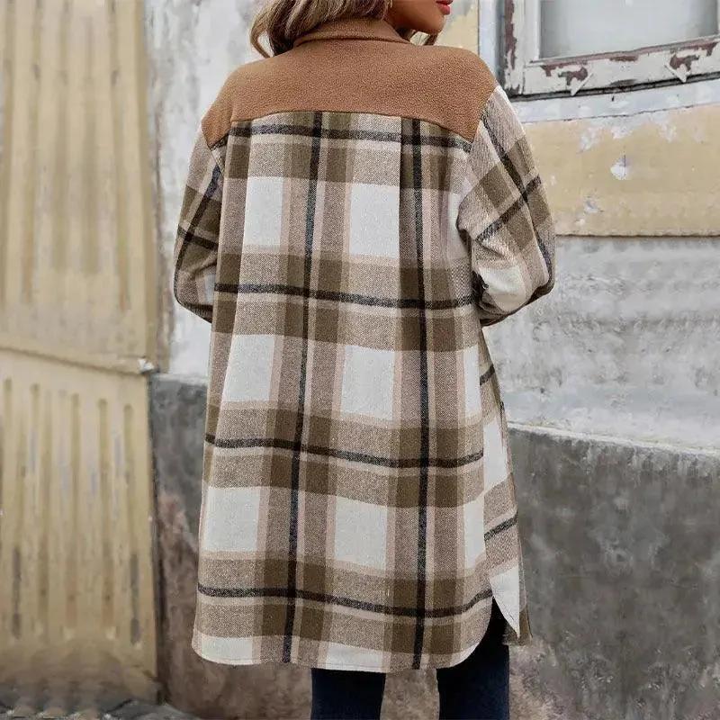 Abrigo Largo de Cuadros Cepillados con Bolsillos - Chaqueta de Invierno para Mujer