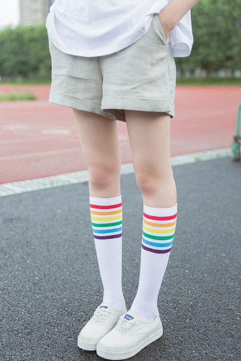 Chaussettes en Coton Rayées Hautes pour Femmes