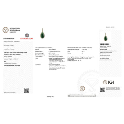 IGI Certified 3.22 Carat Zambian Emerald & Diamond 14K Gold Pendant