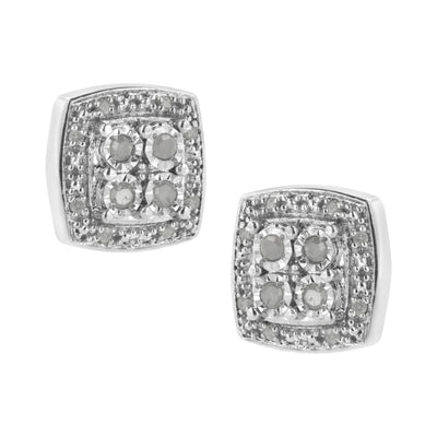 .925 Sterling Silver Round Cut Diamond Square Stud Earrings