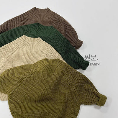 New Children Vintage Knitted Sweater Baby Girl Solid Casual Knitwear Boys Loose Versatile Pullover Kids Thicken Warm Tops - Korvel