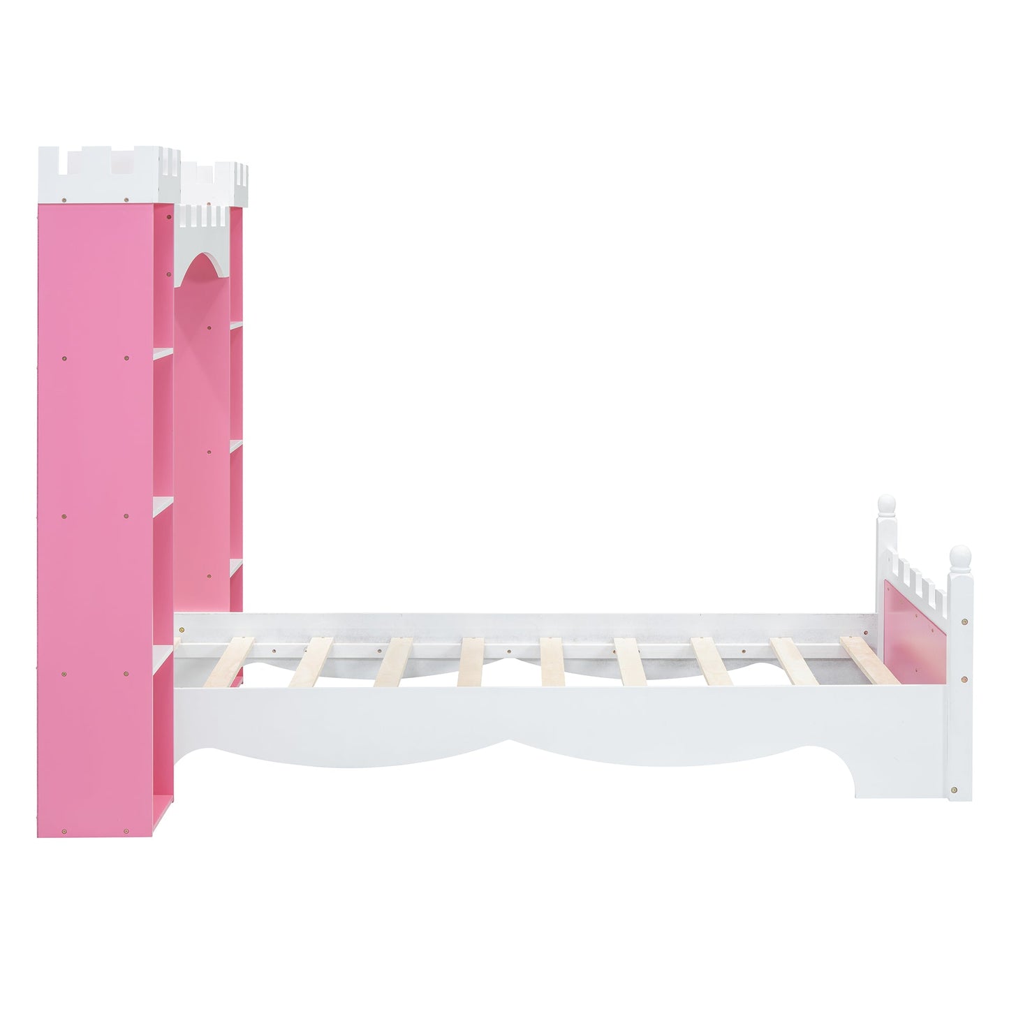Lit jumeau en bois en forme de château avec étagère de rangement en rose et blanc