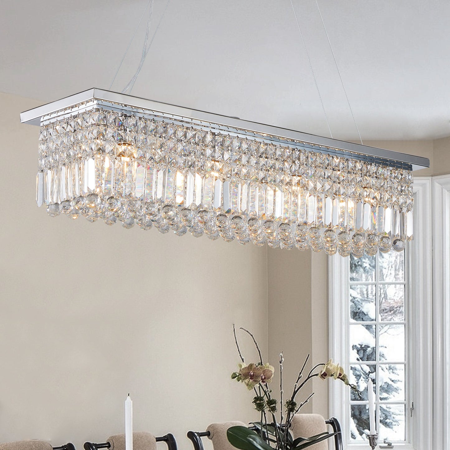 Modern Crystal Chandelier for Dining Room 8-Light White Rectangle Raindrop L39.4'' x W9.8'' x H8.7'(Bulb Not Included) - Korvel