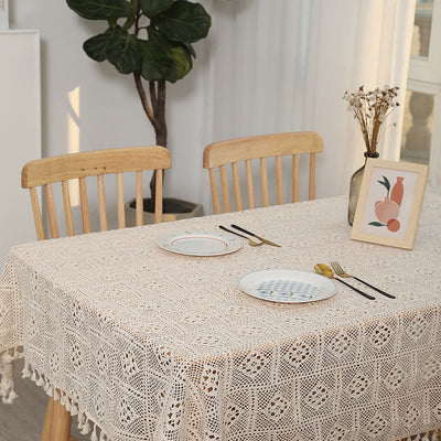 Vintage Cotton and Linen Tablecloth with Tassels