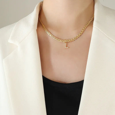 Brass Inlaid Zircon Letter Pendant Necklace - Korvel