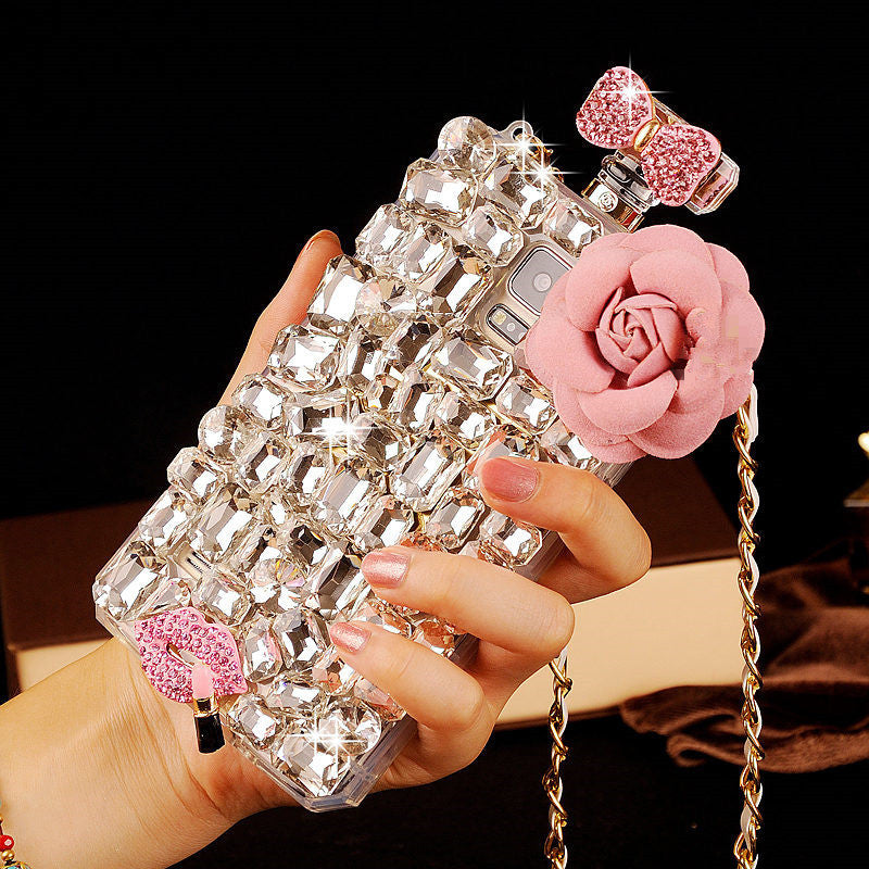 For iPhone 13 Pro Phone Cases Rhinestone 6 7 8 Plus Perfume Bottle Protective Cover Flower Lips Lanyard - Korvel