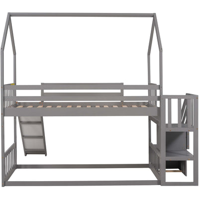 Twin over Twin House Bunk Bed with Slide and Storage Staircase - Gray