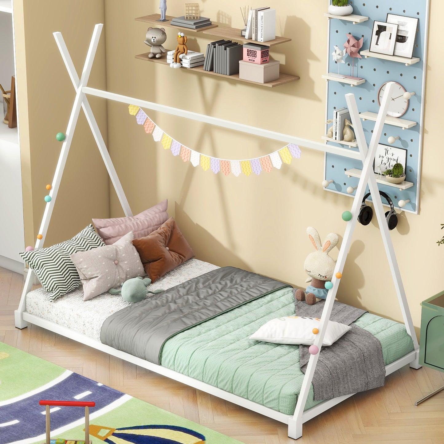Metal Twin Size House Platform Bed with Triangle Structure White - Korvel