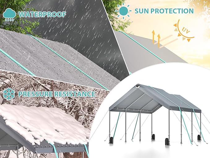 12 * 20 portable car tent garage with adjustable height from 9.5 feet to 11 feet, metal roof and side walls - Korvel