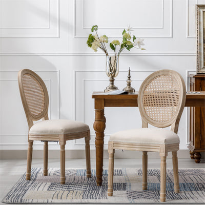 French Style Solid Wood Frame Antique Painting Linen Fabric Rattan Back Dining Chair Set of 2 Cream - Korvel