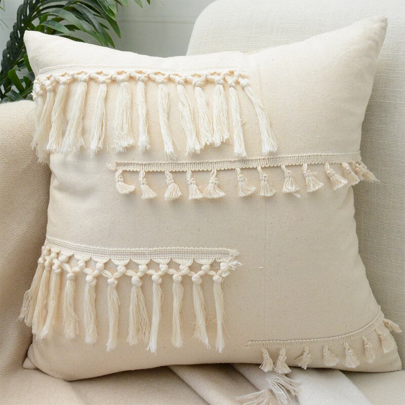 Tassels Cushion Cover 45x45cm Beige White Pillow Covers Decorative Pillow Case Square Home Boho Decor Macrame Pillowcase - Korvel