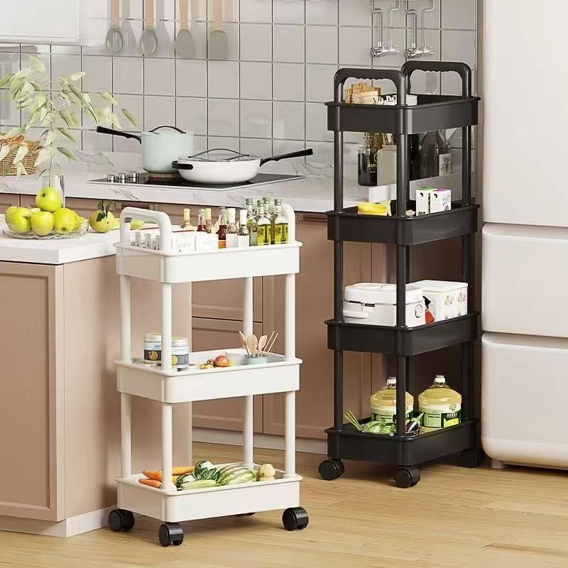 White rolling storage cart. Multifunctional, open shelves for books, ideal for kitchen & bedroom storage - Korvel