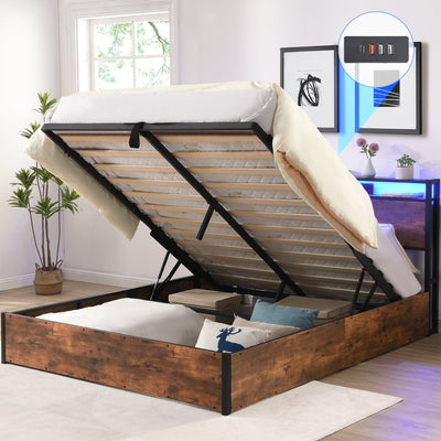 Elevating storage bed frame, full-size bed frame with bookshelf headboard and LED lights, with country brown color - Korvel
