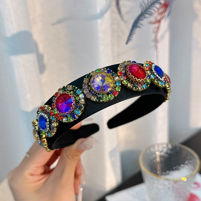 Fashionable glass inlaid diamond wide edge sponge hair hoop - Korvel