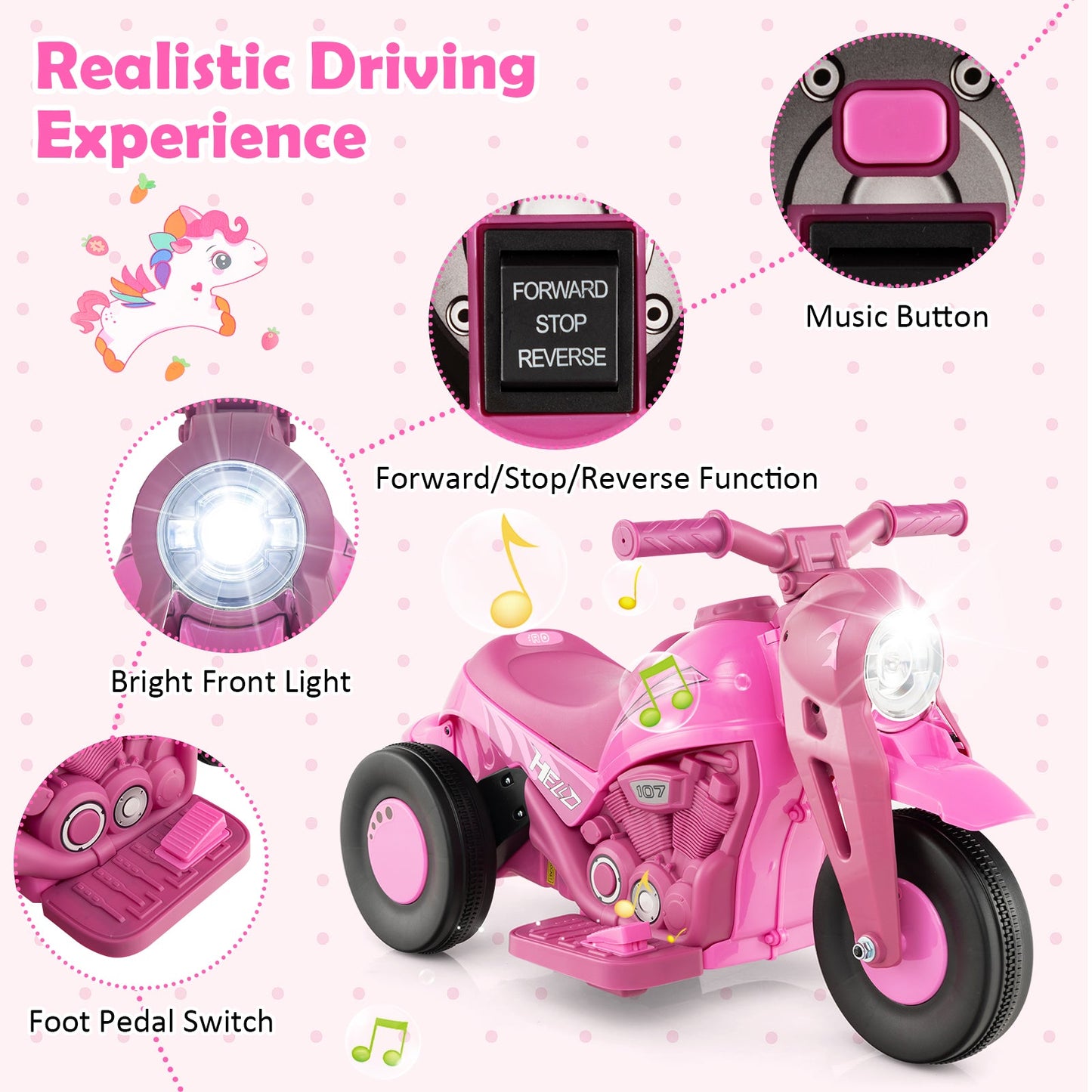 Motocicleta eléctrica para niños de 6V con generador de burbujas - Rosa