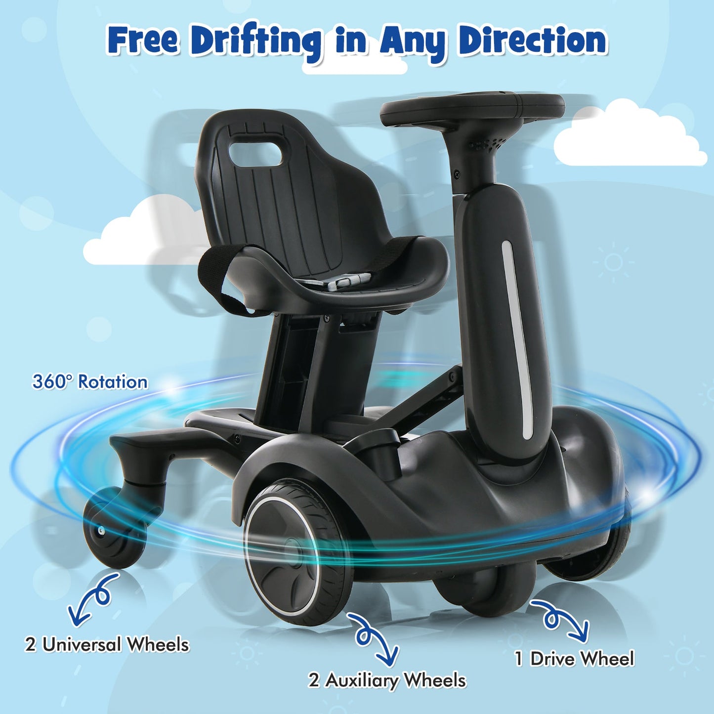6V Kids Ride On Drift Car - 360° Spin & Adjustable Heights - Black