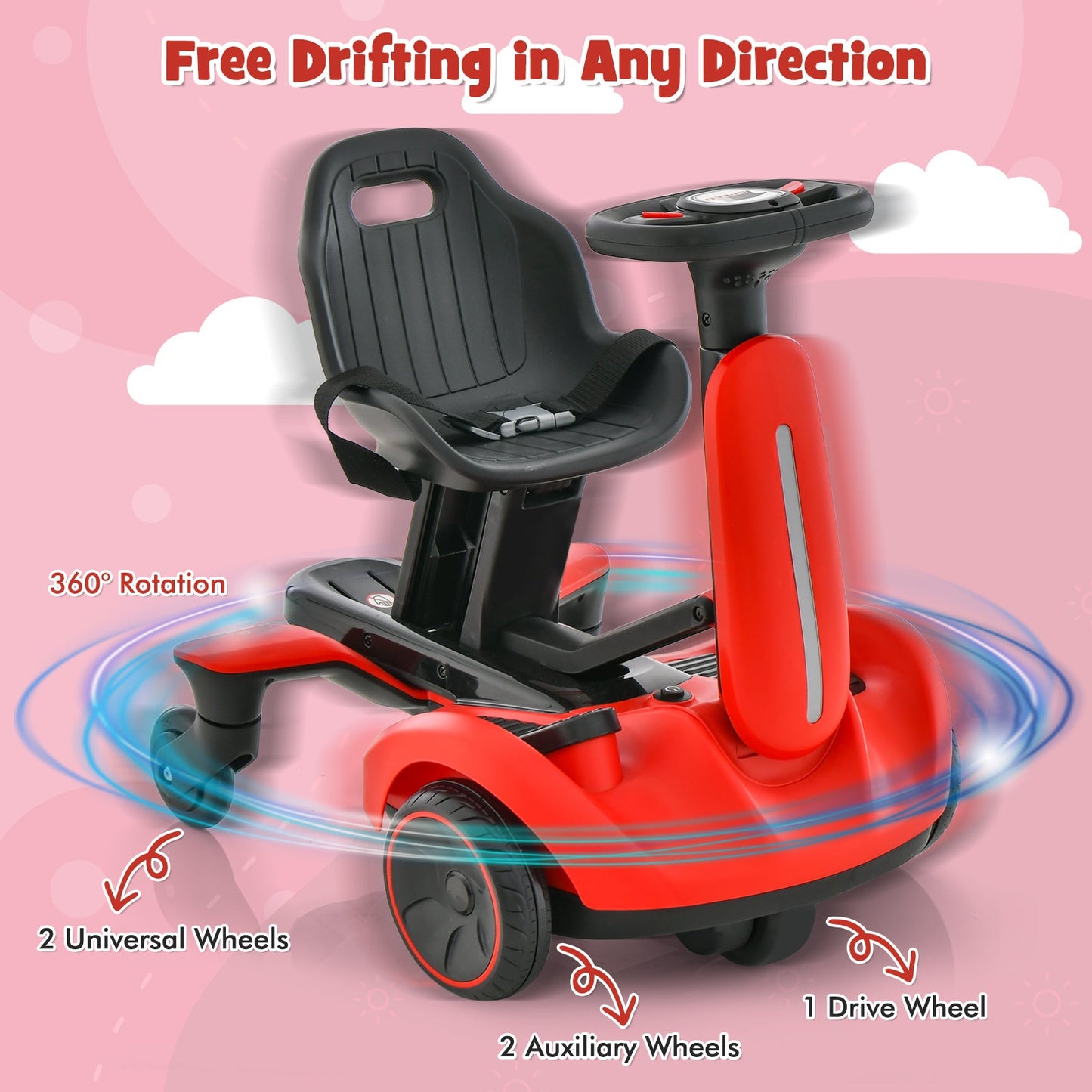 6V Kids Ride On Drift Car - 360° Spin & Adjustable Heights - Red