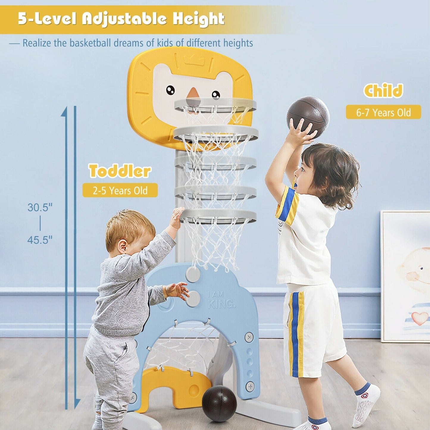 Panier de basketball ajustable 3-en-1 pour enfants - Jaune