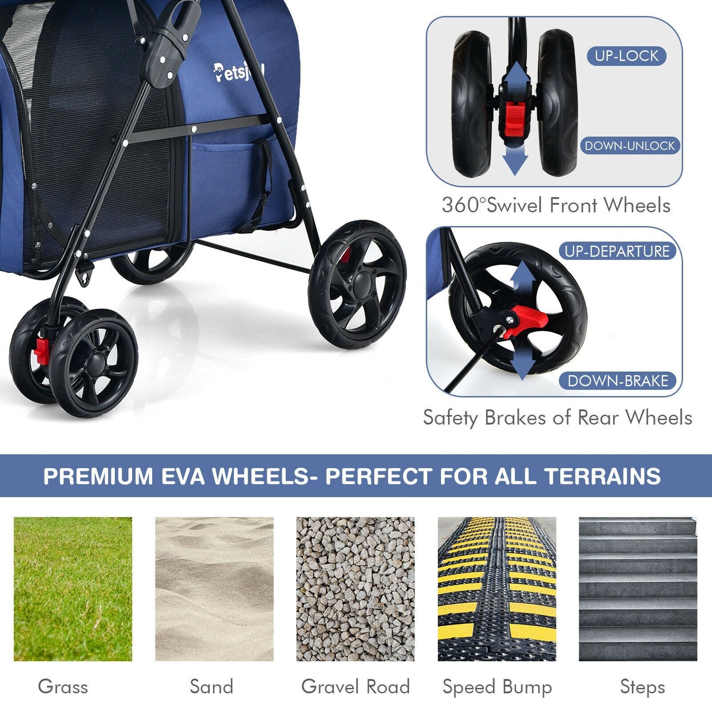 Poussette double 4-en-1 pour animaux avec transporteur détachable - Bleu
