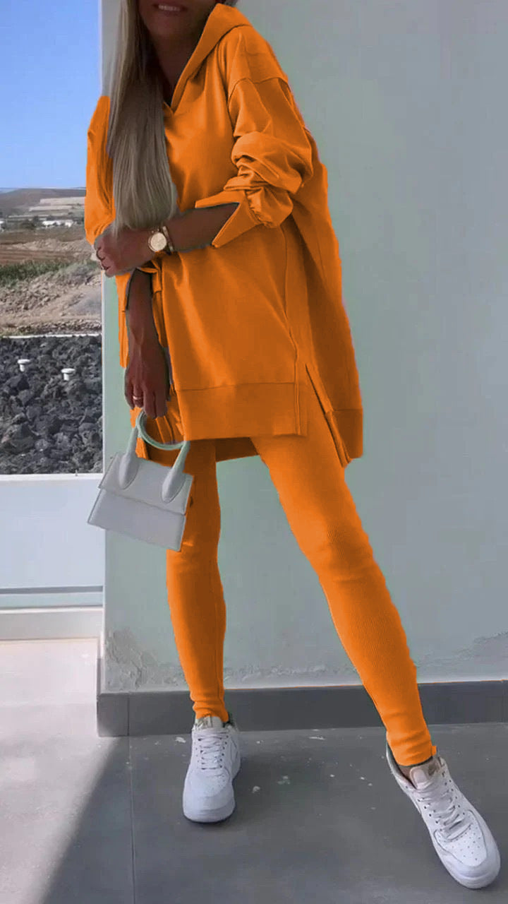 Women's Sports Casual Slit Hooded Sweatshirt Tights Set