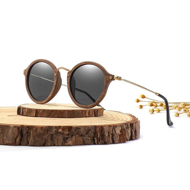 Modern Ultralight Polarized Sunglasses with Wooden Round Frame