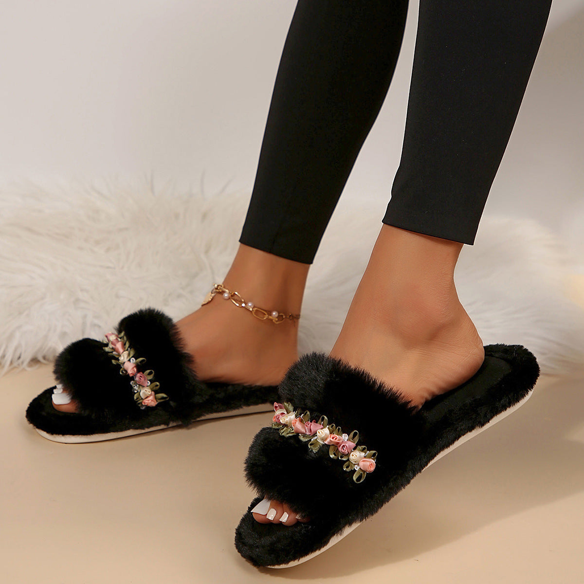Flower Fluffy Slippers - Soft Cotton Home Footwear