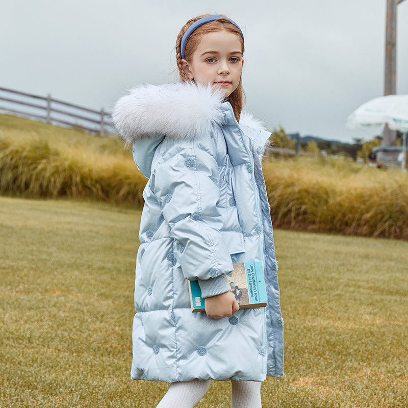 Chaqueta de plumas gruesa estilo coreano para niños con cuello de piel