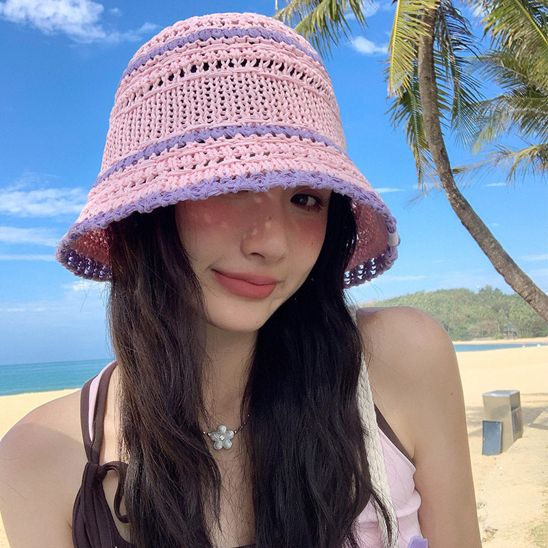 Chapeau seau en paille tissée assorti pour femmes